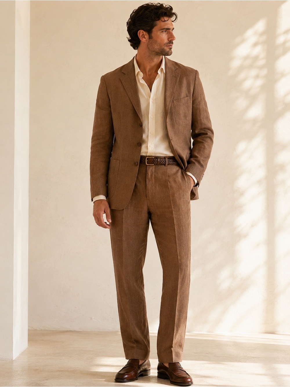 Italian Tailoring Linen Suit 2-Piece Set Tan Brown Sartoria Veneta Sz 44R US